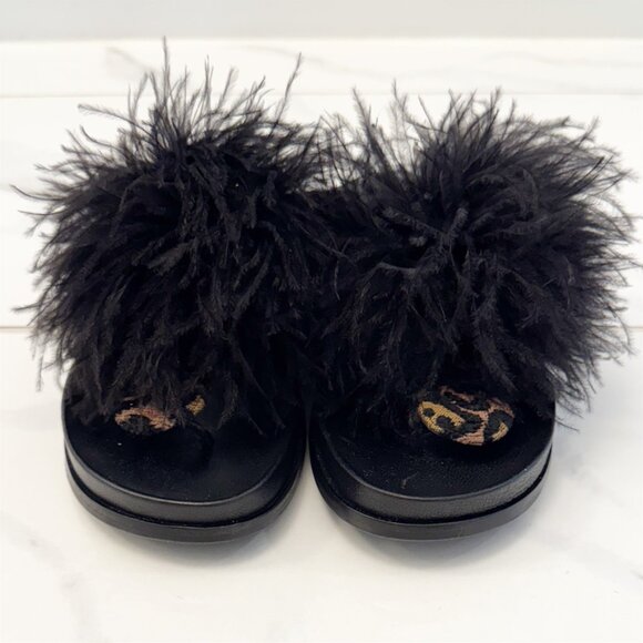 Aquazzura Boudoir Feather-Trimmed Black Animal Print Thong Sandals 7.5 - Picture 3 of 11